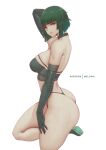  1girl absurdres ass bangs black_choker blunt_bangs breasts choker elbow_gloves fubuki_(one-punch_man) gloves green_eyes green_gloves green_hair highres large_breasts looking_at_viewer melowh one-punch_man short_hair simple_background sitting solo thighs white_background 