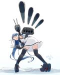  1girl bangs black_neckerchief black_sailor_collar blue_eyes blue_hair elbow_gloves firing from_behind gloves gradient_hair highres kantai_collection kokudou_juunigou leaning_forward long_hair looking_back multicolored_hair neckerchief rudder_footwear sailor_collar samidare_(kancolle) school_uniform serafuku shirt simple_background sleeveless sleeveless_shirt solo swept_bangs thighhighs torpedo very_long_hair white_background 