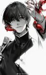  1boy black_hair blood blood_on_face chainsaw_man earrings greeny_(maindo) highres jewelry long_sleeves looking_at_viewer mole mole_under_mouth red_eyes school_uniform short_hair simple_background smile tentacles weibo_logo weibo_username white_background yoshida_hirofumi 