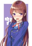  1girl absurdres aikatsu! aikatsu!_(series) bangs blue_jacket blush border brown_hair embarrassed highres jacket long_hair megurumiru neck_ribbon open_mouth purple_background purple_eyes red_ribbon ribbon shibuki_ran shiny shiny_hair shirt solo starlight_academy_uniform straight_hair swept_bangs upper_body very_long_hair white_border white_shirt 