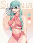  1girl alternate_costume aqua_eyes aqua_hair bikini breasts cellphone commentary_request contrapposto cowboy_shot hair_ornament hairclip highres kantai_collection kozu_(bloomme1_me) long_hair medium_breasts navel phone pink_bikini solo standing suzuya_(kancolle) swimsuit tongue tongue_out 