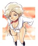  1girl absurdres bandana bent_over blonde_hair blush breasts cleavage closed_mouth fundoshi girls_und_panzer green_eyes gun handgun highres hiyama_yuu_(wee259hiyama) jane_(girls_und_panzer) japanese_clothes large_breasts looking_at_viewer red_bandana shiny shiny_hair short_hair simple_background smile solo sparkle_background weapon yamakasa 