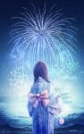  1girl absurdres amenomori_howa back_bow blue_kimono blue_sky bow braid brown_hair cloud cloudy_sky fireworks from_behind highres holding japanese_clothes kimono light_particles looking_up mountainous_horizon night original pink_bow print_kimono scenery sky solo twin_braids 