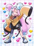  1girl aqua_hair character_hair_ornament elizabeth_(tomas21) emoji full_body hair_ornament hand_up heart highres iono_(pokemon) jacket looking_at_viewer multicolored_hair open_mouth oversized_clothes pink_eyes pink_hair pokemon pokemon_(game) pokemon_sv sharp_teeth smile solo standing star_(symbol) teeth two-tone_hair v-shaped_eyebrows yellow_jacket 