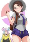  2girls ;) backpack bag bangs blush braid brown_bag brown_eyes brown_hair closed_mouth collared_shirt commentary_request grey_headwear grey_shirt hand_up hat highres holding holding_poke_ball iono_(pokemon) juliana_(pokemon) kiral_kuota looking_at_viewer multiple_girls necktie one_eye_closed poke_ball poke_ball_(basic) pokemon pokemon_(game) pokemon_sv purple_necktie purple_shorts shirt short_shorts short_sleeves shorts smile 