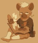 1boy aged_down astrolabe black_shirt blonde_hair book book_on_lap claws commentary_request dog_nose fang furry furry_male fuyodo grey_fur grey_pants hand_on_book highres holding hyena_boy hyena_ears hyena_tail live_a_hero looking_at_viewer male_focus monochrome open_book oversized_clothes pants roiker_(live_a_hero) shirt signature sitting socks spotted_fur star_(symbol) star_print white_socks 