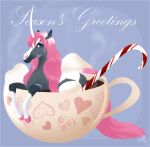  2022 ambiguous_gender candy candy_cane container cup curved_horn dessert digital_media_(artwork) english_text equid equine facial_markings feral fluffymare food hair head_markings hooves horn looking_at_viewer mammal mane markings marshmallow multicolored_body partially_submerged pink_hair pink_mane pink_tail raeni simple_background smile solo text two_tone_body unicorn 