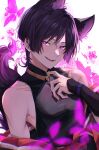  1boy absurdres animal_ears bishounen evil_smile fox_boy fox_ears fox_tail genshin_impact highres japanese_clothes looking_at_viewer male_focus purple_eyes purple_hair scaramouche_(genshin_impact) shima_usagi smile solo tail upper_body 