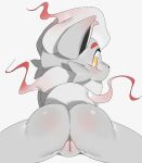 anthro blush butt canyon_(artist) female genitals grey_body hi_res hisuian_form hisuian_zorua looking_at_viewer nintendo pokemon pokemon_(species) pokemorph pussy rear_view regional_form_(pokemon) simple_background solo thick_thighs video_games white_background yellow_eyes 