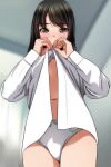  1girl absurdres black_hair blurry blurry_background brown_eyes highres indoors long_sleeves looking_at_viewer matsunaga_kouyou navel open_clothes open_shirt original panties parted_lips shirt solo thighs underwear white_panties white_shirt 