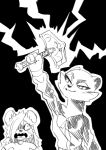  4_fingers absurd_res akino_(kemokin_mania) anthro breasts cheetah clothed clothing crossover digital_media_(artwork) duo fangs felid feline female fingers fur god_of_war hair hair_over_eye half-closed_eyes hammer hi_res holding_hammer holding_object holding_tool holding_weapon hyaenid jk_(kemokin_mania) kemokin_mania lightning mammal melee_weapon monochrome narrowed_eyes one_eye_obstructed open_mouth shirt shocked shocked_expression simple_background smile sony_corporation sony_interactive_entertainment spotted_hyena standing teeth tools topwear tuft video_games weapon white_clothing 