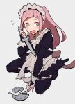  1girl apron black_dress black_thighhighs blush bridal_gauntlets broken_plate dagger do_m_kaeru dress felicia_(fire_emblem) fire_emblem fire_emblem_fates flying_sweatdrops frilled_dress frills green_eyes grey_background holding holding_dagger holding_weapon juliet_sleeves kneeling knife long_hair long_sleeves maid maid_headdress open_mouth pink_hair plate ponytail puffy_sleeves simple_background solo sweatdrop tearing_up thighhighs waist_apron weapon white_apron 
