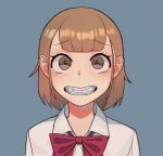  1girl bangs blue_background blunt_bangs bow bowtie braces brown_eyes eyelashes grin highres light_brown_hair maker mecha-jk&#039;s_friend original portrait school_uniform short_hair smile teeth 