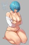  1girl agawa_ryou arms_under_breasts artist_name bangs bare_shoulders bikini blue_hair bob_cut breasts cleavage collarbone commentary dated english_commentary full_body grey_background groin hair_over_eyes large_breasts micro_bikini navel numbered off_shoulder open_mouth original plump seiza shirt short_hair simple_background sitting sleeves_past_elbows solo straight_hair swimsuit white_shirt yellow_bikini 