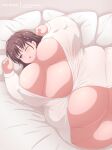  1girl bed breasts breasts_apart brown_hair buttons covered_nipples fat fat_rolls getsuyoubi_no_tawawa green_eyes highres huge_breasts looking_at_viewer lying medium_hair miramiraclerun naked_shirt obese on_bed one_eye_closed parted_lips partially_unbuttoned patreon_username pillow plump shirt solo thigh_gap 