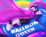  absurd_res anthro balloon balloon_fetish canid canine canis clothing crown dress female fishnet fishnet_leggings fishnet_legwear fishnet_thigh_highs hi_res inflatable latex latex_clothing legwear mammal pawpads paws rubber scepter solo thatblackfox_(artist) wolf 