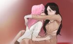  2girls animification arms_around_neck black_hair blush breasts brown_jumpsuit chaeyoung_(twice) cleavage commentary english_commentary hair_behind_ear hand_on_another&#039;s_hip jewelry jumpsuit k-pop leaning_forward long_hair looking_at_another mina_(twice) multiple_girls necklace pink_hair pt_a_(mhpnnnn) real_life red_background shirt sitting twice_(group) very_long_hair waist_cutout white_shirt yuri 