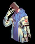  1boy arm_belt arm_up bag bag_on_head belt belt_buckle black_background black_belt blue_hoodie buckle commentary_request cropped_torso drawstring faust_(guilty_gear) gloves guilty_gear guilty_gear_strive hand_on_own_face highres hood hood_down hoodie jacket jacket_on_shoulders korean_commentary long_sleeves male_focus object_on_head one_eye_covered paper_bag pocket print_jacket red_eyes solo stethoscope stethoscope_around_neck white_gloves white_jacket yeji36 