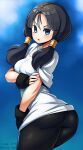  1girl ass black_gloves black_hair black_shorts blue_eyes blush breasts cleavage commentary_request dragon_ball dragon_ball_z fingerless_gloves gloves highres kara_age long_hair looking_at_viewer looking_back medium_breasts medium_hair open_mouth shirt shorts simple_background solo twintails videl white_shirt 