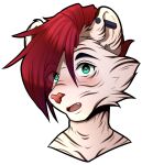  anthro blush fangs felid finnian_ennis green_eyes hair hazelkisses long_hair male male/male mammal open_mouth pantherine piercing red_hair solo surprise tiger 