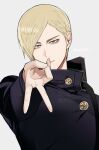  1boy aged_down black_shirt blonde_hair brown_eyes commentary gakuran highres jujutsu_kaisen jujutsu_tech_uniform long_sleeves looking_at_viewer male_focus nanami_kento school_uniform shirt short_hair solo ssss7777_7 symbol-only_commentary upper_body v 