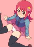  1girl black_thighhighs blue_vest blush brown_eyes brown_footwear cleft_of_venus green_shirt hair_ornament highres looking_at_viewer mayl_sakurai_(mega_man) medium_hair mega_man_(series) mega_man_battle_network panties pink_skirt red_hair shirt shoes shoutaro_saito skirt thighhighs underwear vest white_panties 