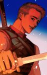  1boy amuii brown_eyes brown_hair deadpool english_commentary holding holding_sword holding_weapon katana light_brown_hair looking_at_viewer male_focus marvel multiple_boys muscular muscular_male pants pectorals short_hair sleeveless smirk solo sword tank_top weapon x-men x-men_film_series x-men_origins:_wolverine 