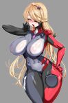 1girl absurdres bangs blonde_hair blush bodysuit breasts covered_navel covered_nipples era_(erasion) eyepatch grey_background hair_ornament hair_over_one_eye hairclip hand_gesture hand_on_hip highres long_hair looking_at_viewer medium_breasts nemesis_(tower_of_fantasy) open_mouth see-through skin_tight tongue tongue_out tower_of_fantasy 