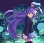  1girl animal_ears blurry building city city_lights cityscape iris_anemone jacket lens_flare light_particles long_hair moon moonlight night pleated_skirt purple_hair rabbit_ears red_eyes reisen_udongein_inaba skirt sky skyline skyscraper solo thighhighs touhou zettai_ryouiki 