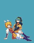  2girls 4qw5 armor armored_dress blonde_hair blue_background dress hair_ribbon haniyasushin_keiki joutouguu_mayumi multiple_girls reclining ribbon short_hair short_sleeves touhou vambraces yellow_dress yellow_eyes 