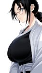  1girl black_hair black_kimono bleach bleach:_sennen_kessen-hen breasts chicke_iii cleavage commentary_request cropped_torso from_side glasses grey_eyes hair_tie haori highres japanese_clothes katori_batsuunsai kimono large_breasts lips long_hair long_sleeves looking_at_viewer low_ponytail multi-tied_hair nose_pads open_clothes parted_lips ponytail profile round_eyewear sash semi-rimless_eyewear sidelocks sideways_glance simple_background solo taichou_haori upper_body white_background white_sash 