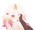  anthro big_breasts blush breasts face_squish fangs female glistening glistening_eyes hair happy hi_res horn human lips lipstick makeup mammal mawguts offscreen_character simple_background smile solo solo_focus squish white_background white_body white_hair 