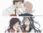  1boy 3girls bandaged_arm bandages bangs black_hair black_jacket black_sailor_collar blue_hair blunt_bangs blush brown_hair collared_shirt criis-chan danganronpa_(series) danganronpa_2:_goodbye_despair eye_contact fangs flipped_hair food galaga green_necktie hair_horns hair_ornament hands_up hetero hinata_hajime holding hood hood_down hooded_jacket jacket long_hair looking_at_another mioda_ibuki mouth_piercing multicolored_hair multiple_girls nanami_chiaki necktie pink_eyes pink_hair pink_shirt pocky pocky_kiss sailor_collar shirt short_hair smile teeth tsumiki_mikan twitter_username upper_teeth white_background white_hair white_shirt 