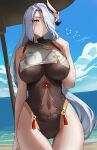  1girl absurdres bare_arms bare_shoulders blue_eyes blue_sky blush breasts closed_mouth covered_navel cowboy_shot genshin_impact grey_hair hair_ornament hair_over_one_eye hand_up highres large_breasts leotard long_hair looking_at_viewer one_eye_covered outdoors shenhe_(genshin_impact) shikube sky solo thigh_gap water 