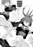  1boy 1girl absurdres after_sex after_vaginal barefoot chicke_iii china_dress chinese_clothes cleavage_cutout closed_mouth clothes_lift clothing_cutout cum cum_in_pussy cumdrip dress dress_lift greyscale highres lee_bailong monochrome open_mouth scar shaman_king tao_jun toes tongue 