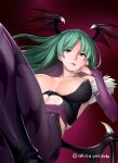  1girl akisa_(12023648) animal_print bat_print bat_wings breasts breasts_apart bridal_gauntlets clothing_cutout collarbone demon_girl fur_trim green_eyes green_hair hand_on_own_face head_wings heart_cutout large_breasts leotard long_hair looking_at_viewer morrigan_aensland open_mouth purple_leotard purple_thighhighs red_background simple_background slit_pupils solo thighhighs twitter_username vampire_(game) wings 