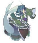  1girl blue_eyes blue_hair drill_locks frilled_kimono frills full_body green_kimono head_fins highres japanese_clothes kimono long_sleeves looking_at_viewer mermaid monster_girl morino_hon sash short_hair simple_background solo touhou wakasagihime white_background wide_sleeves 