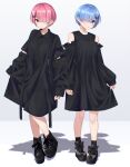  2girls :o black_bow black_dress black_socks blue_hair blush bow collared_shirt commentary detached_sleeves dot_nose dress footwear_bow hair_ornament hairpin highres holding holding_clothes holding_skirt kiona_(giraffe_kiona) multiple_girls one_eye_covered pink_hair platform_footwear ram_(re:zero) re:zero_kara_hajimeru_isekai_seikatsu rem_(re:zero) shiny shiny_hair shirt short_hair simple_background skirt smile socks white_background 