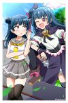  1girl absurdres boots capelet day dual_persona feather_hair_ornament feathers genjitsu_no_yohane hair_ornament highres layered_skirt love_live! love_live!_sunshine!! school_uniform ska.harumi skirt thighhighs tsushima_yoshiko uranohoshi_school_uniform 