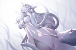  anthro beady_eyes blue_eyes clothed clothing ears_back equid equine female feral forked_tongue group hair hi_res horn long_hair mammal mouth_closed narrowed_eyes open_mouth pivoted_ears reptile scalie shermugi simple_background snake teeth tongue tongue_out unicorn white_body white_breasts white_clothing 