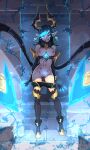  1girl absurdres bangs bare_shoulders black_background black_footwear black_hair black_shorts blue_eyes blue_hair boots breasts brown_background claws clothes_pull elbow_gloves evelynn_(league_of_legends) full_body gloves glowing grin heart high_heel_boots high_heels highres horns league_of_legends long_hair looking_at_viewer medium_breasts multicolored_hair navel nipples pointy_ears pubic_tattoo pussy pussy_juice shadow_evelynn shorts shorts_pull shuuko_(s_h_uuko) smile solo standing tail tattoo thigh_boots thighhighs undressing 