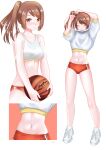  1girl absurdres ball bangs basketball breasts brown_hair buruma gym_uniform highres holding holding_ball long_hair looking_at_viewer magia_record:_mahou_shoujo_madoka_magica_gaiden mahou_shoujo_madoka_magica medium_breasts midriff multiple_views navel orange_eyes radio.broom side_ponytail stomach thighs yui_tsuruno 