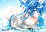  1girl arim0k0 ass blue_background blue_bow blue_eyes blue_hair blue_skirt bow bracelet breasts cleavage closed_mouth debt drawstring grey_hoodie hair_bow highres hood hoodie jewelry large_breasts long_hair looking_at_viewer lying no_panties on_stomach sample_watermark short_sleeves skirt solo stuffed_animal stuffed_cat stuffed_toy touhou traditional_media yorigami_shion 