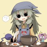  ? apron black_eyes blue_shirt blush bowl broken_egg buttons clueless cooking diamond_(shape) diamond_button egg egg_(food) empty_eyes fang fang_out food green_hair hair_ornament heart heart_hair_ornament highres kerchief komeiji_koishi komeiji_satori long_hair pink_hair shirt surprised table third_eye touhou yellow_shirt zunusama 