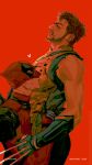  2024 2boys absurdres amuii bara beard bodysuit brown_hair claw_(weapon) clenched_hand clenched_teeth dated deadpool deadpool_&amp;_wolverine deadpool_(series) english_commentary facial_hair gloves hand_on_another&#039;s_hip heart highres katana kissing_pectoral male_focus marvel marvel_cinematic_universe mask mature_male multiple_boys muscular muscular_male pectorals red_background red_bodysuit scar scars_all_over short_hair sleeveless sword sword_on_back teeth twitter_username weapon weapon_on_back wolverine_(x-men) x-men yaoi yellow_bodysuit 