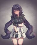  1girl arm_under_breasts black_gloves black_shirt black_survival blush braid breasts cowboy_shot front_braid gloves grey_background head_tilt highres hyejin_(black_survival) long_hair looking_at_viewer medium_breasts purple_eyes purple_hair rq_(35695551) shirt short_sleeves skirt solo standing sweatdrop trembling twintails very_long_hair white_skirt 