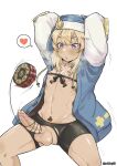  1boy :o absurdres arms_up bar_censor bike_shorts black_ribbon black_shorts blonde_hair blush bridget_(guilty_gear) censored erection guilty_gear guilty_gear_strive heart heart_censor highres hood hood_up jacket long_sleeves male_focus navel nipples nohtuy otoko_no_ko penis precum ribbon shorts sidelocks spoken_heart testicles torn_clothes torn_shorts yo-yo 