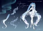 1girl ahoge arm_scrunchie arrow_(symbol) asymmetrical_legwear aurora ballerina ballet_dress ballet_slippers bare_shoulders blue_eyes blue_hair character_name commentary concept_art copyright_notice crypton_future_media dress earmuffs from_behind fur-trimmed_gloves fur_trim gloves gramophone_miku hair_ornament hatsune_miku long_hair looking_at_viewer miku_symphony_(vocaloid) miniskirt night night_sky official_art open_mouth piapro pleated_skirt reference_sheet rella see-through_dress_layer signature single_thighhigh skirt skirt_under_dress sky smile snowflake_print snowflakes solo star_(sky) strapless strapless_dress thighhighs twintails very_long_hair vocaloid white_dress white_footwear white_gloves white_hair white_skirt white_thighhighs wide_shot 