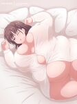  1girl bed breasts breasts_apart brown_hair buttons covered_nipples fat fat_rolls getsuyoubi_no_tawawa green_eyes highres huge_breasts looking_at_viewer lying medium_hair miramiraclerun naked_shirt obese on_bed one_eye_closed parted_lips partially_unbuttoned patreon_username pillow plump shirt solo thigh_gap 