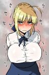  1girl ahoge alternate_breast_size artoria_pendragon_(fate) blonde_hair blouse blush braid breasts collared_shirt commentary_request dress fate/stay_night fate_(series) green_eyes hair_bun hair_ribbon heart heart-shaped_pupils henriiku_(ahemaru) large_breasts looking_at_viewer ribbon saber shirt short_hair simple_background single_hair_bun skirt solo sound_effects steam steaming_body sweat sweating_profusely symbol-shaped_pupils white_shirt 
